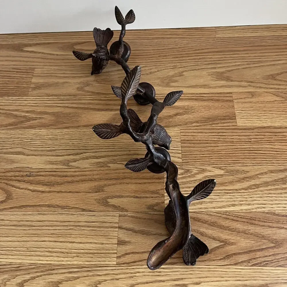 Vintage patinated brutalist abstract birds on branch candelabra metal 3 candles
